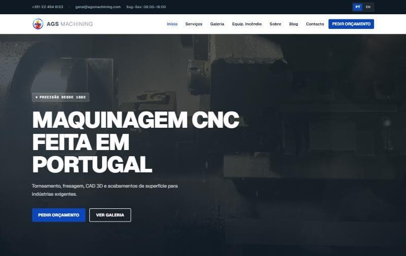 Página inicial do site da AGS Machining feito pela Hodoki