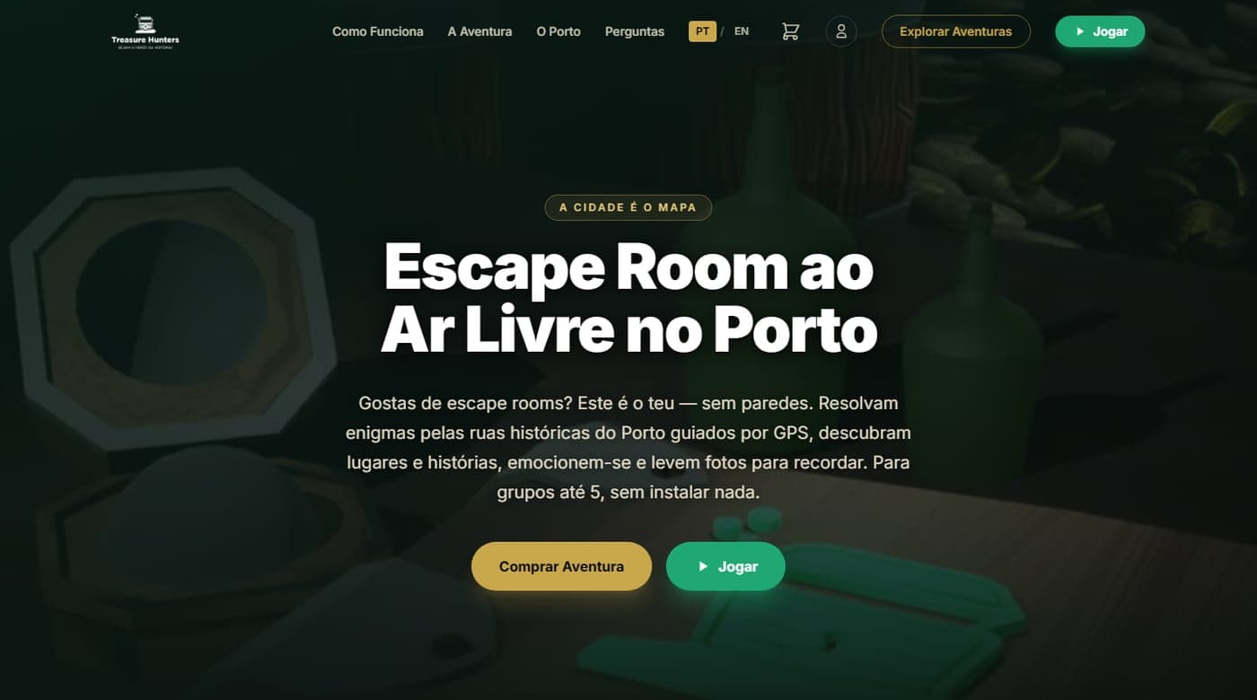 Página inicial da aplicação web Treasure Hunters feita pela Hodoki